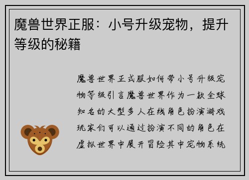 魔兽世界正服：小号升级宠物，提升等级的秘籍